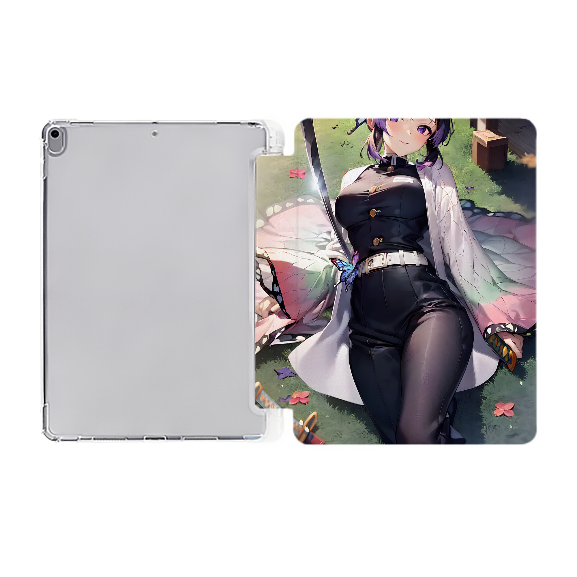 （画像用） 鬼滅の刃（きめつのやいば）蟲柱-胡蝶 しのぶ／こちょう しのぶ Kochou Shinobu IPad ケース ペン収納付き 三つ折りスタンド PUレザー×シリコン 対応機種9.5/10.5/10.9インチ